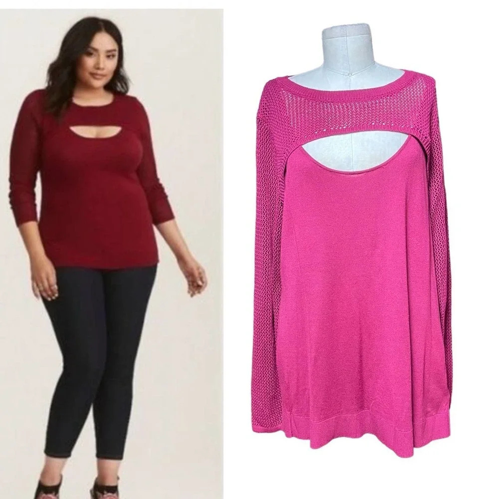 Torrid Pointelle Mixed Stitch Peek a Boo Neck Burgundy‎ Sweater Plus Size 2X